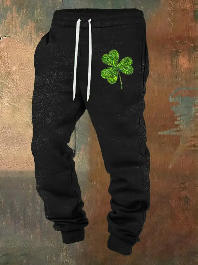 Men's St. Patrick's Day Printed Elastic Waist Tie-Up Trousers