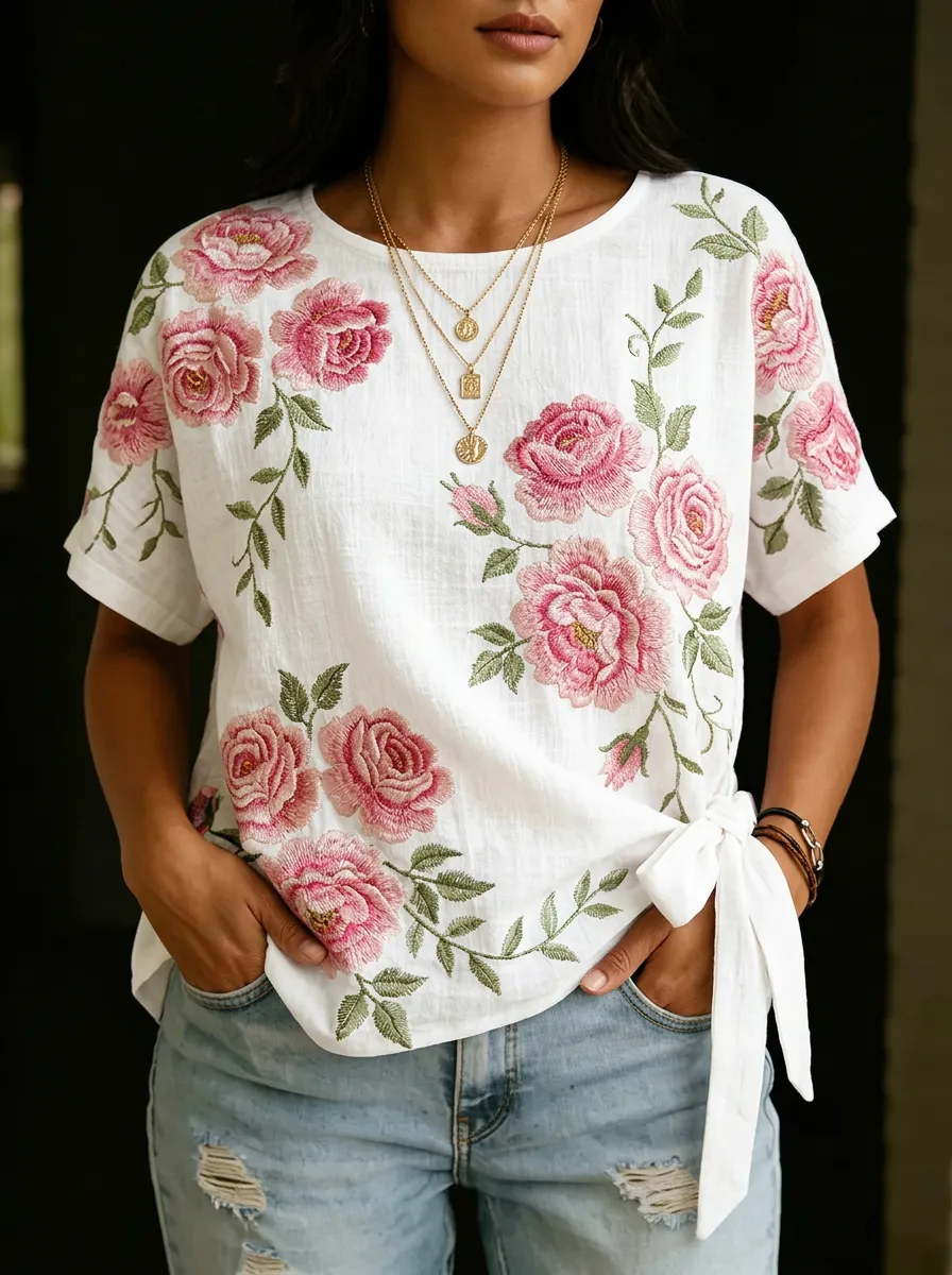 Women's Nashville Floral Rose Embroidered Printed Top