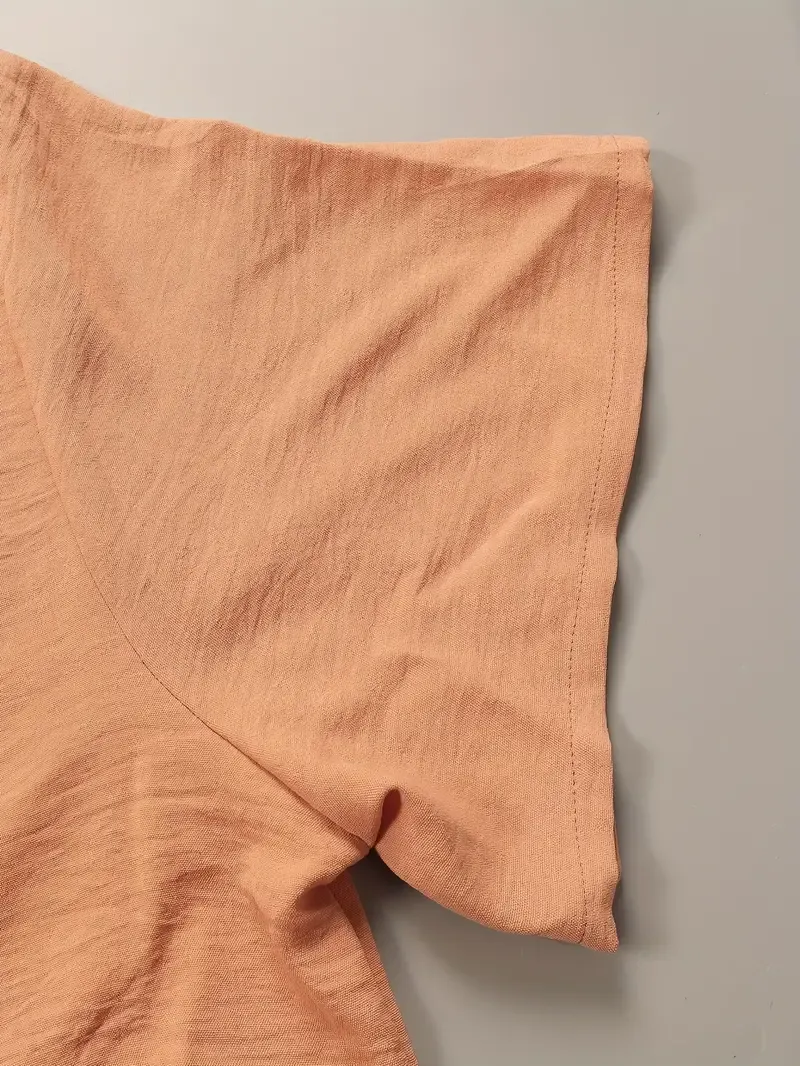 Plus Size Solid Ruched Tiered Dress, Casual Short Sleeve V Neck Loose Dress For Spring & Summer, Women's Plus Size Clothing