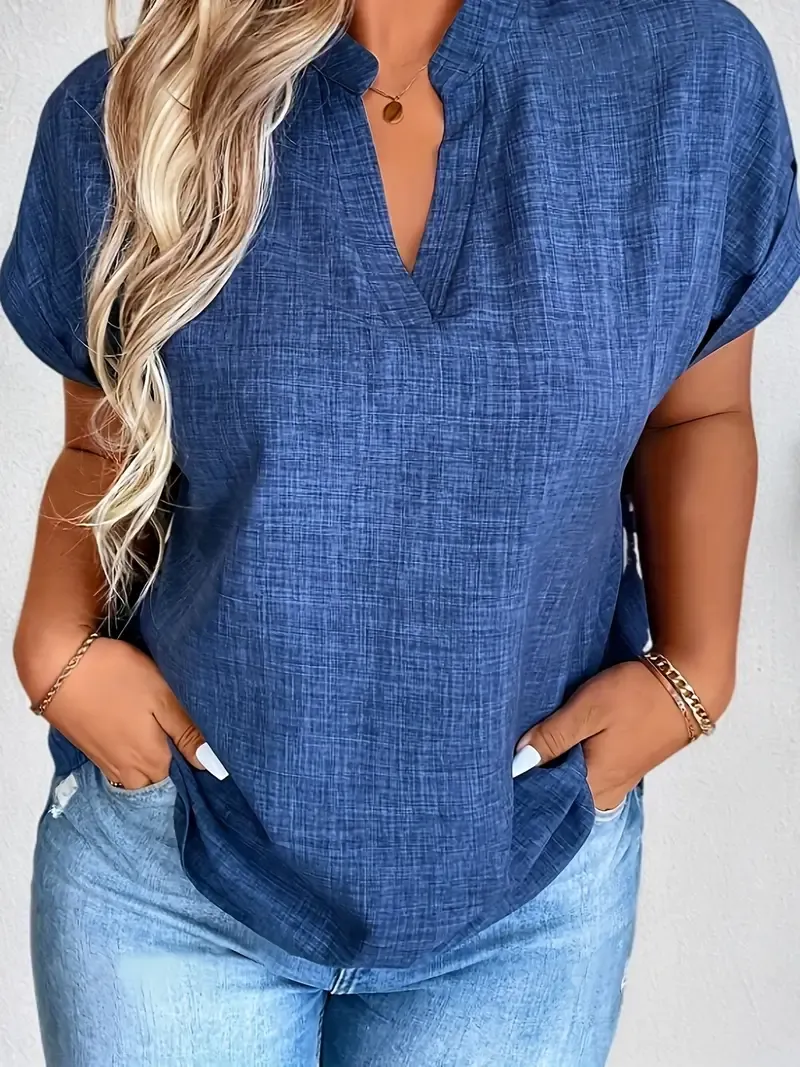 Women's Elegant Blue Notched V-Neck Blouse with Batwing Sleeves