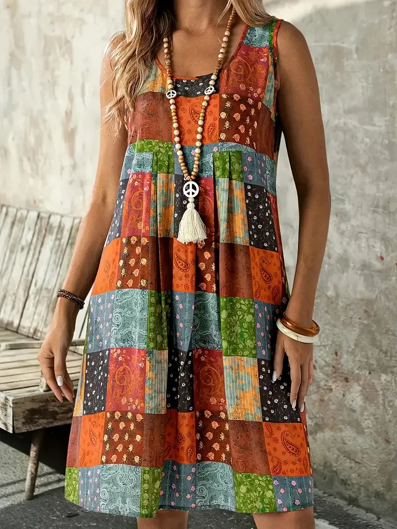 Women's Plus Size Boho Chic Floral Print Dress - Round Neck, Sleeveless A-Line Flowy Dress with Tassel Detail & Beaded Necklace Accessory, Lightweight Polyester Blend for Spring/Fall, Relaxed Fit Clothing | Boho Chic Dress | Woven Fabric Dress, Cute Dress