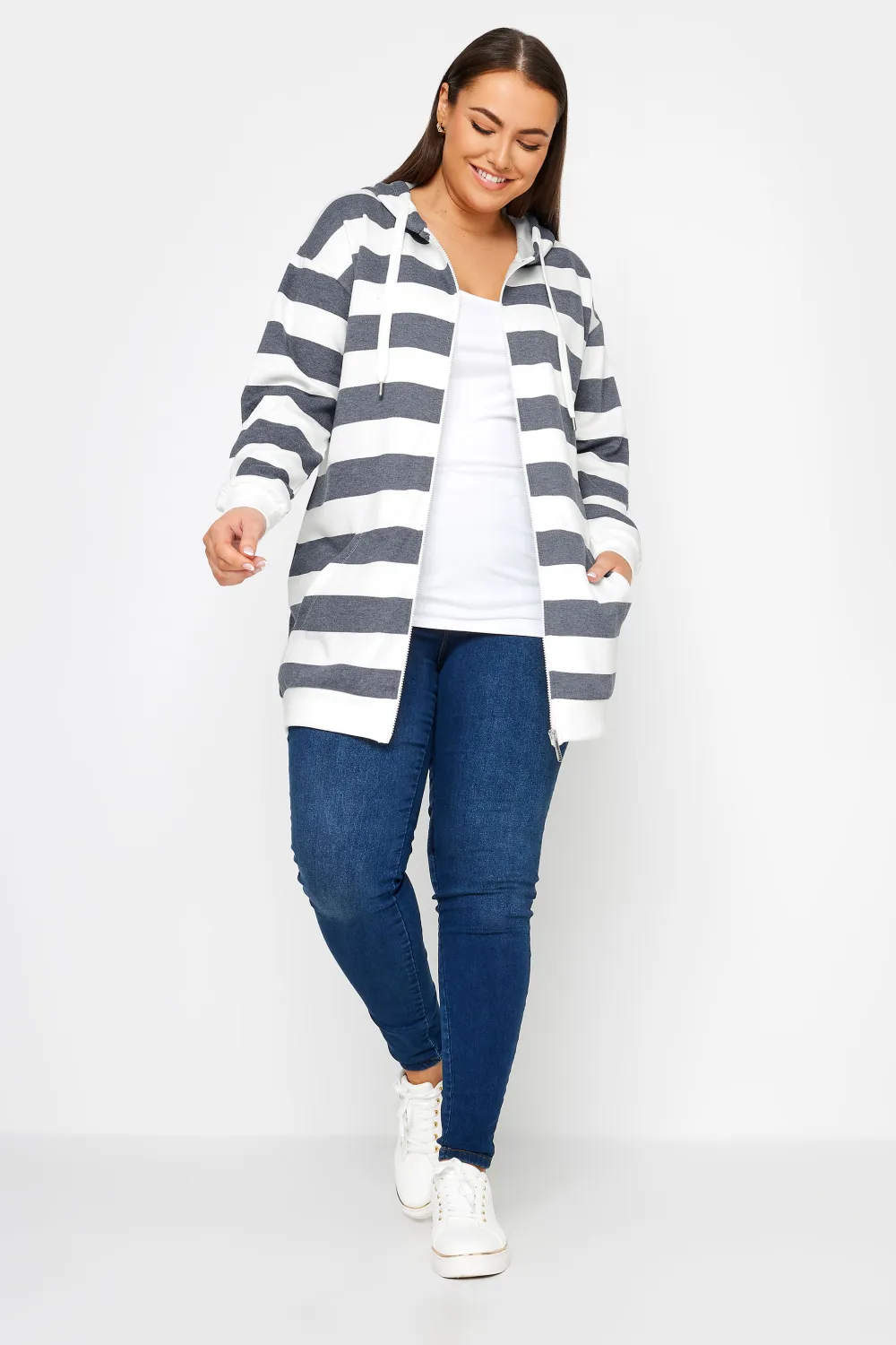 YOURS Curve Dark Blue Stripe Zip Through Hoodie