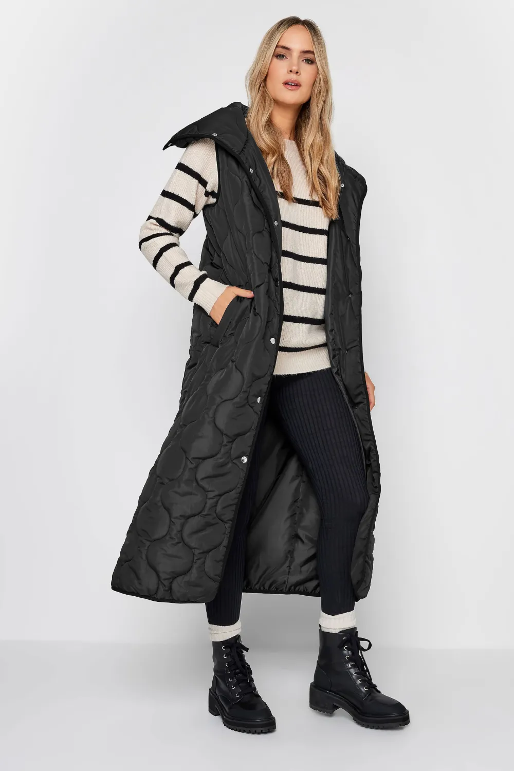 LTS Tall Black Funnel Neck Quilted Longline Gilet