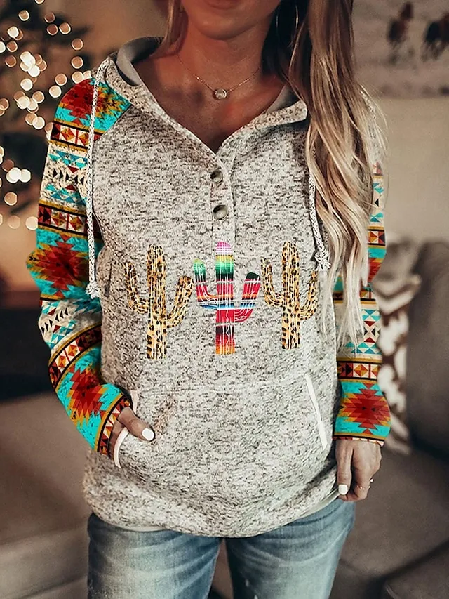 Women's Hoodie Sweatshirt Pullover Vintage Sports Ethnic Button Drawstring Front Pocket Red Blue Green Graphic Geometric Vintage Street Casual Hoodie Long Sleeve Top Micro-elastic Fall & Winter