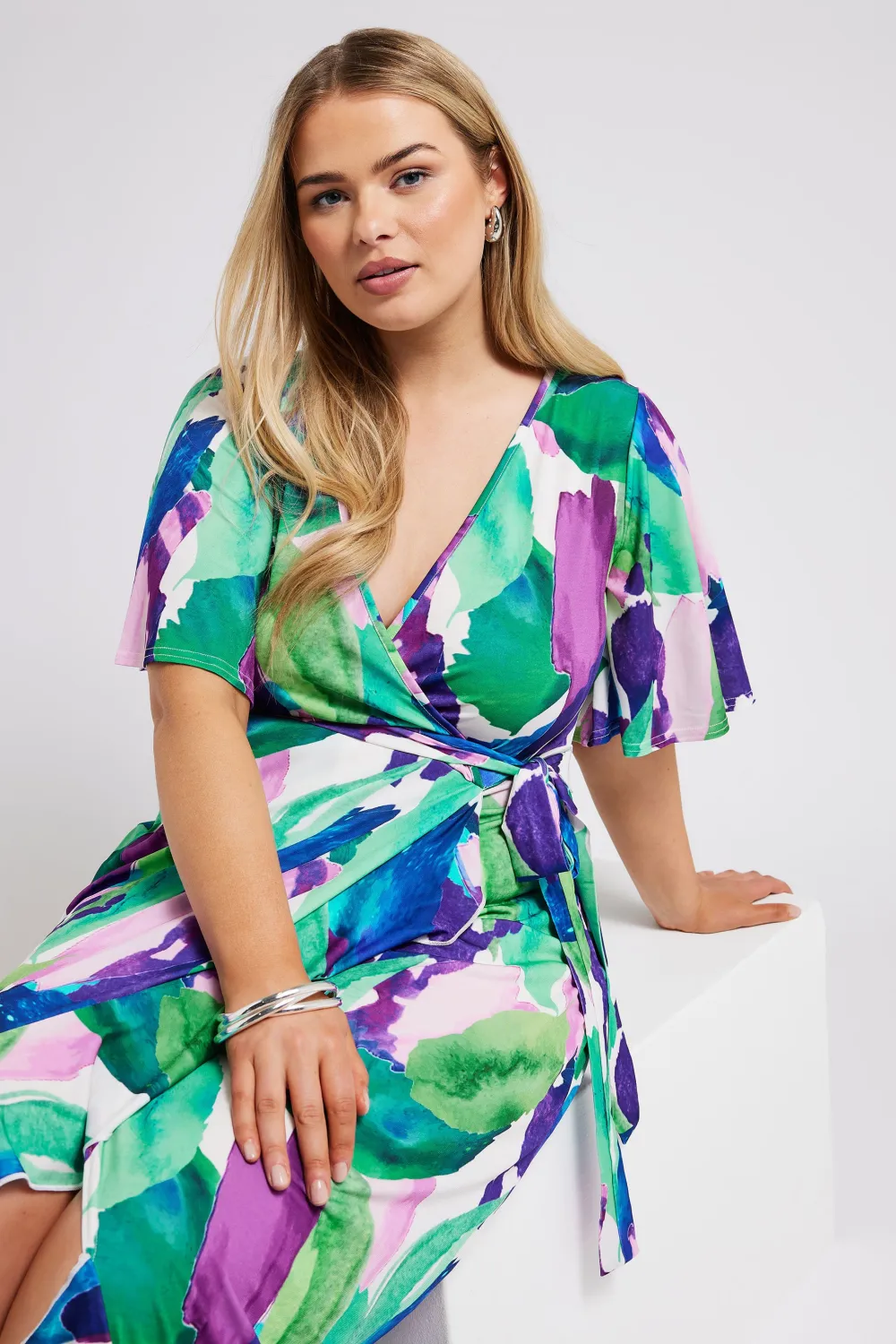 YOURS LONDON Curve Green Abstract Floral Print Wrap Dress