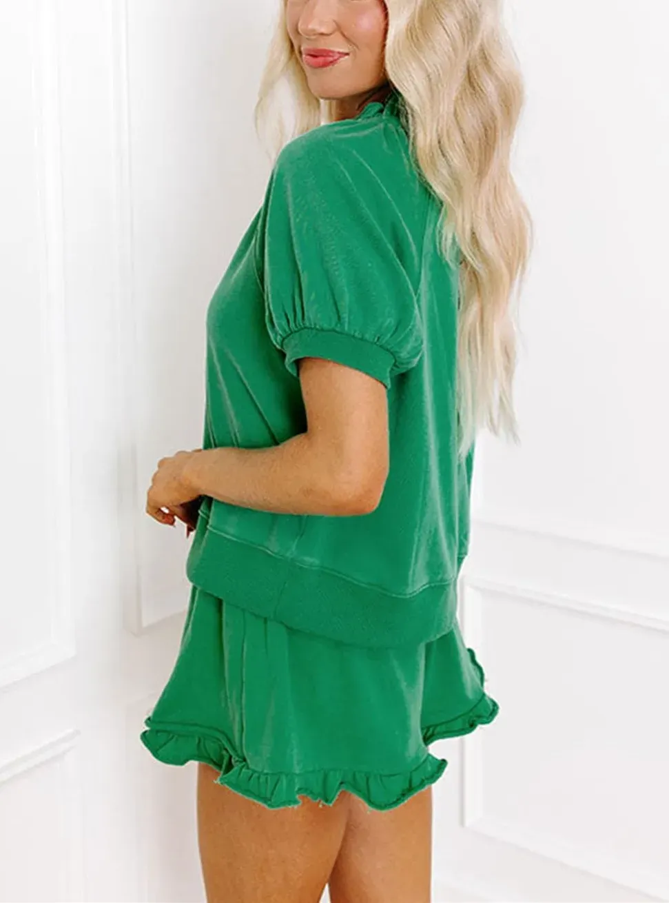 Women'S Casual Half-Zip Top And Ruffle Shorts Set