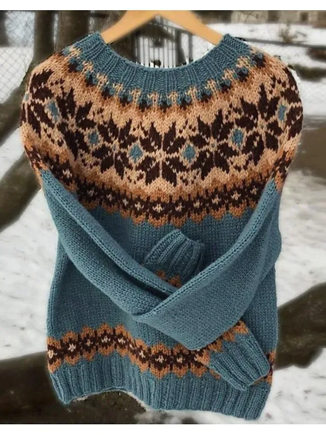 Women's Sweater Pullover Sweater Jumper Casual Soft Geometric Color Block Ribbed Crew Neck Knitted Long Sleeve Regular Tops Knit Outdoor Daily Weekend Pink Blue Fall Winter