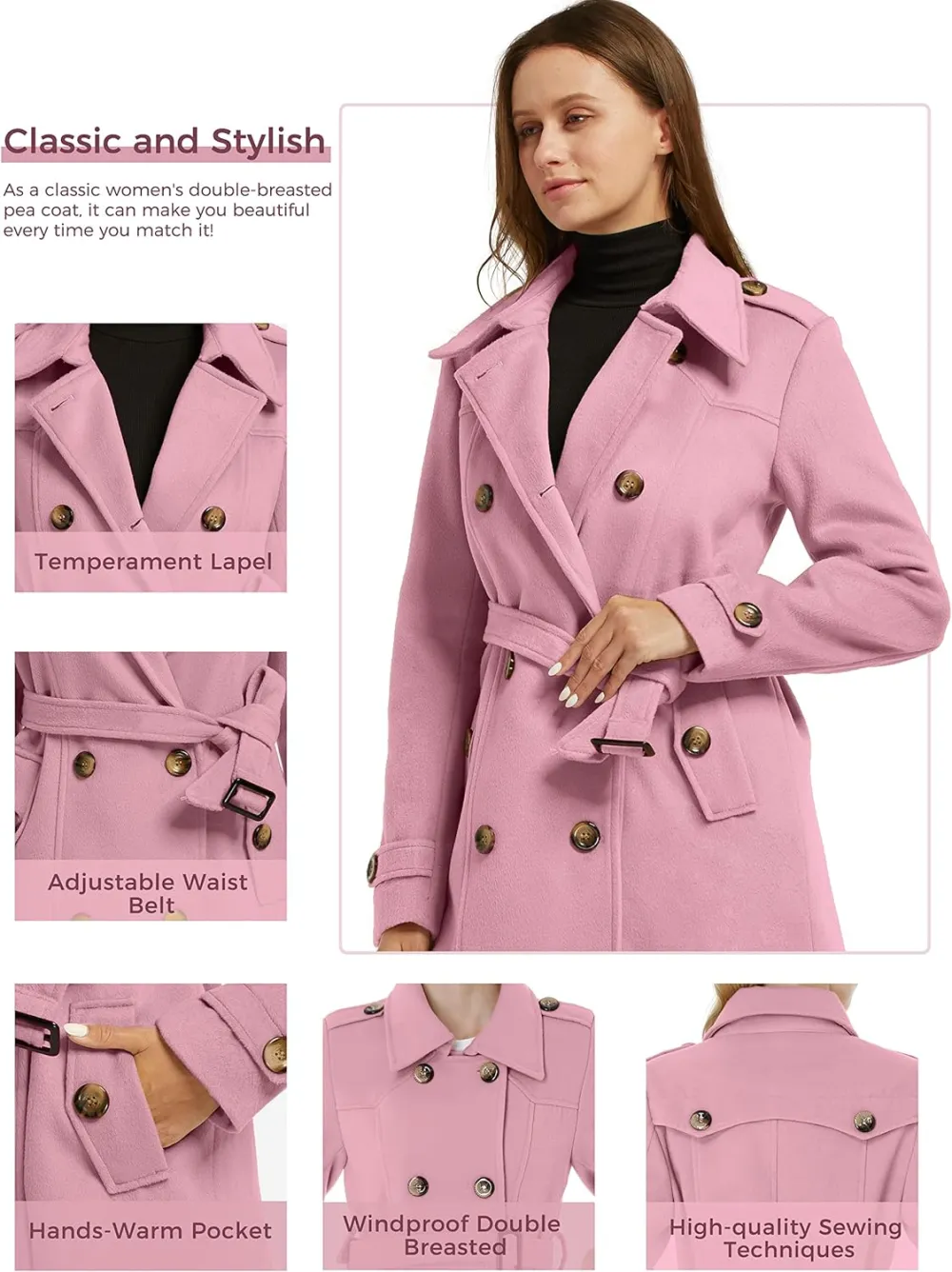 Women's Double Breasted Pea Coat Winter Mid-Long Trench Coat with Belt