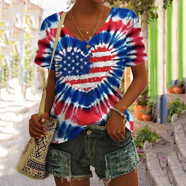 Women's Independence Day Print V Neck T-shirt