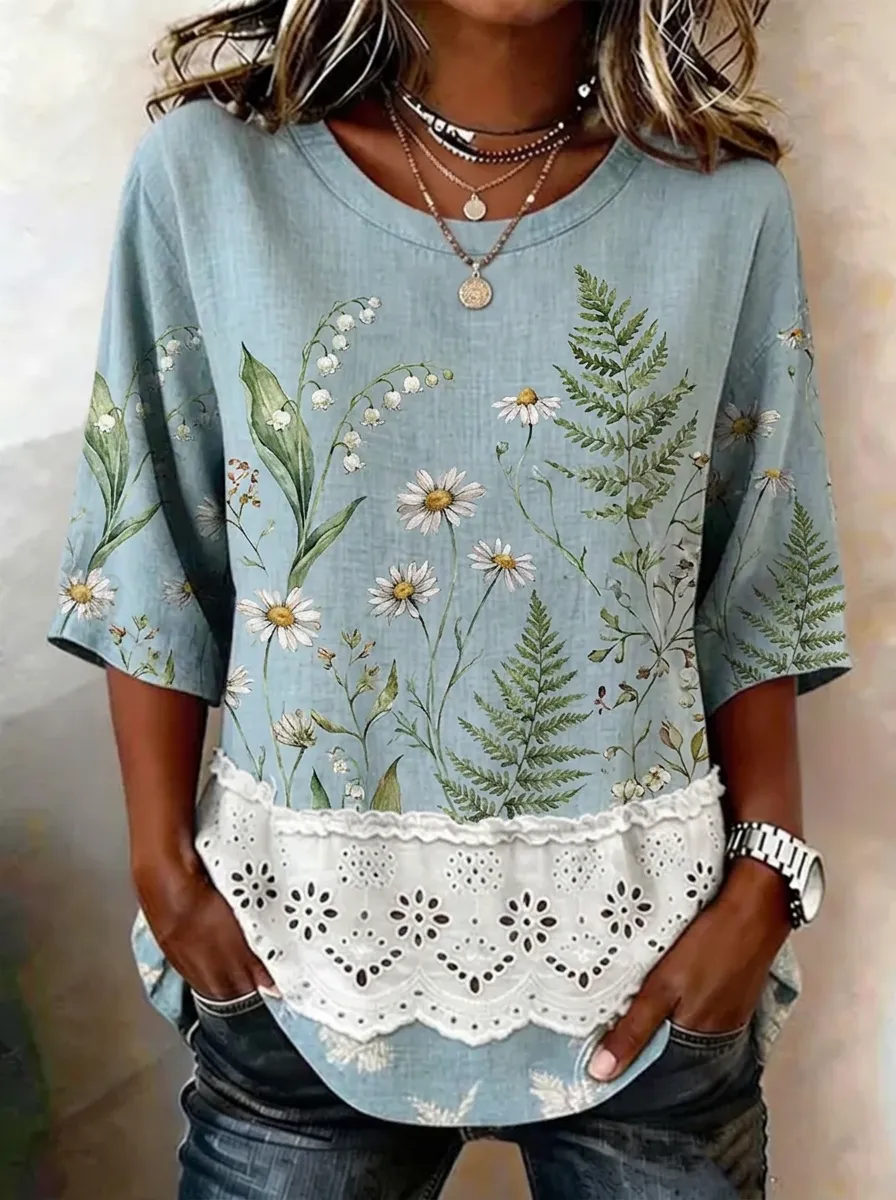 Women's Nashville Botanical Daisy Fern Printed Lace Hem T-shirt