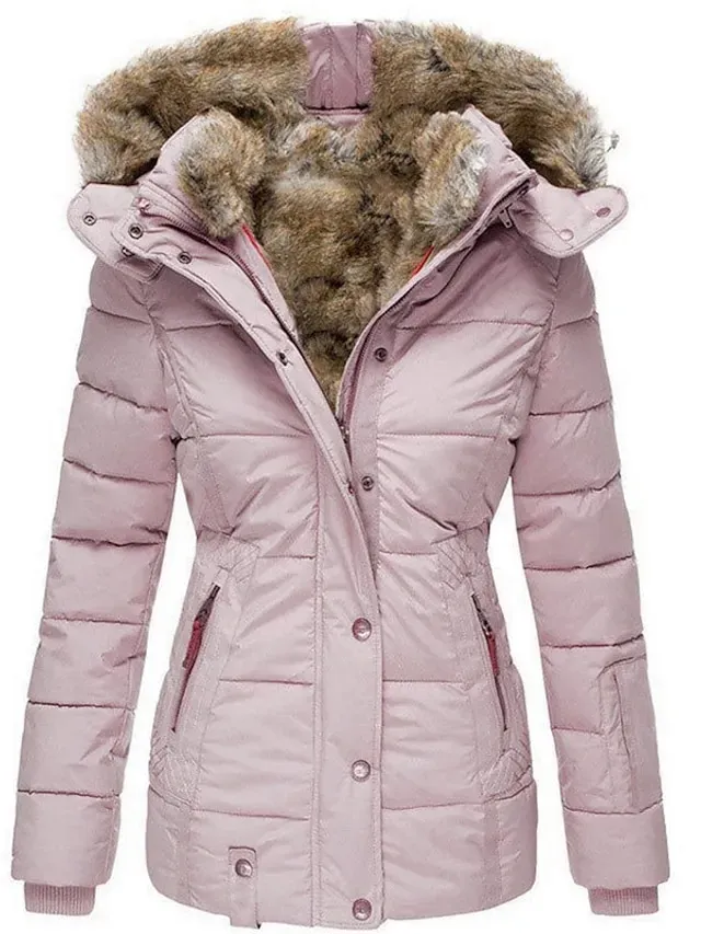 Women's Winter Parka Fleece Lined Puffer Jacket with Hood Pink Zipper Warm Coat with Pocket Active Comfortable Street Style Outerwear Long Sleeve