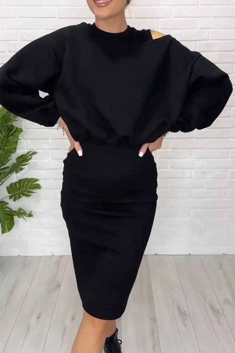 Women's Long-sleeved Off-shoulder Sweatshirt and Vest Skirt Two-piece Set