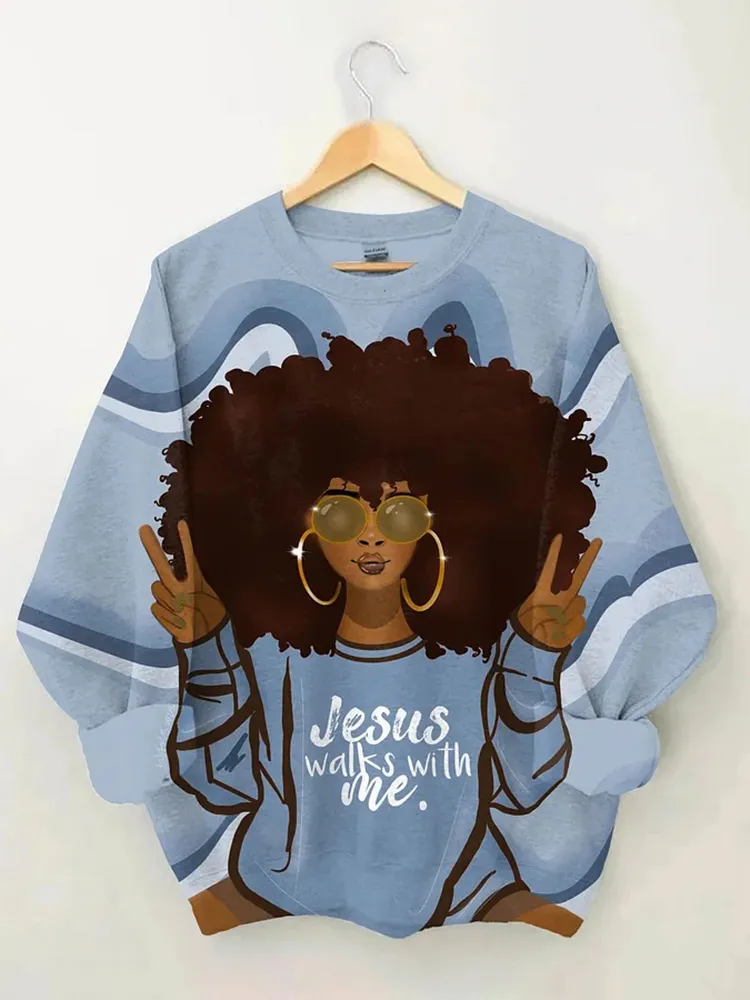 Afro Girl Jesus Walks With Me Long Sleeve Sweatshirt