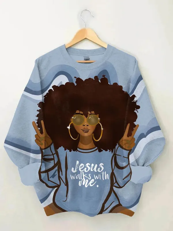 Afro Girl Jesus Walks With Me Long Sleeve Sweatshirt