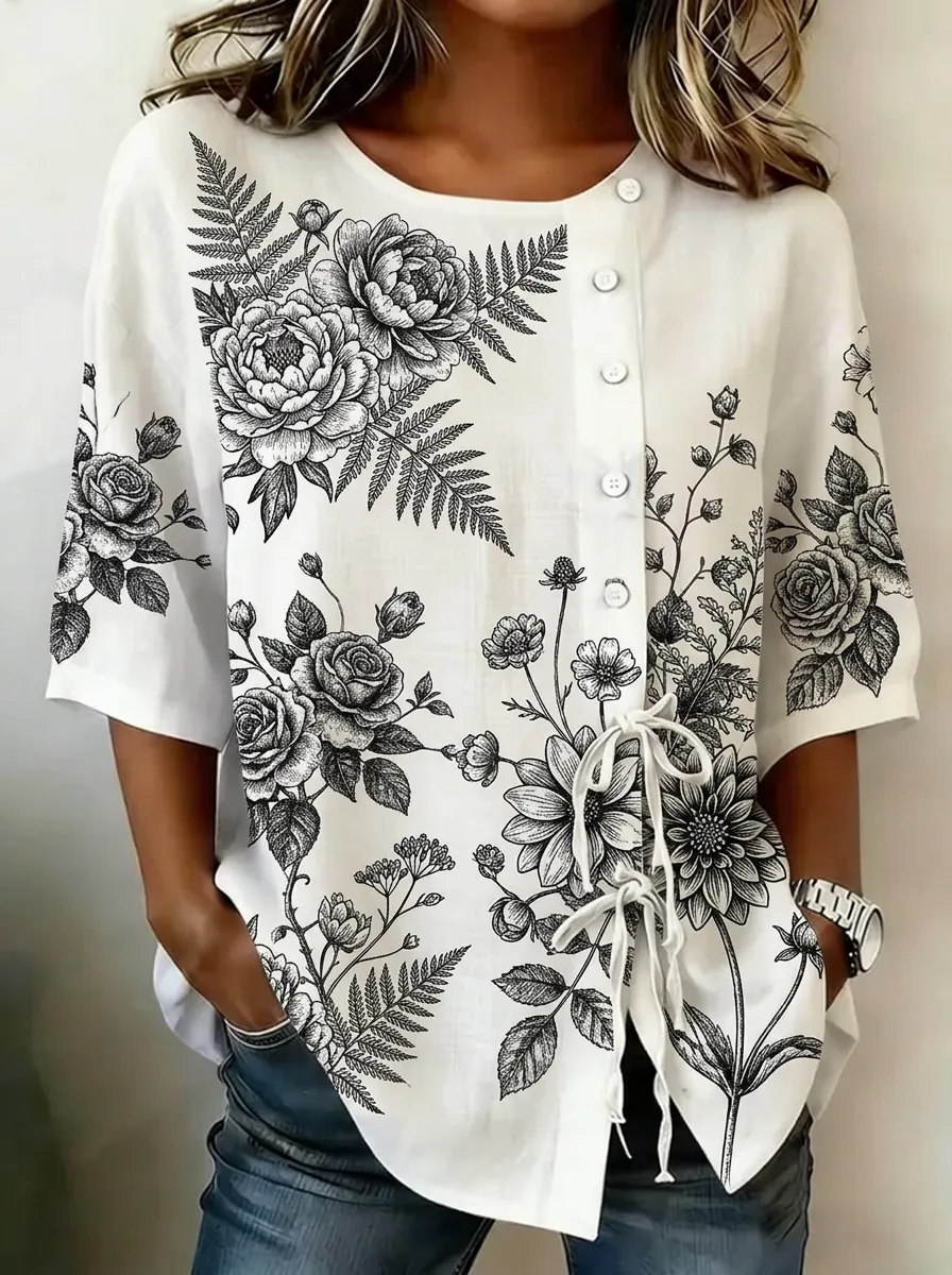 Women's Nashville Floral Botanical Sketch Printed Button-up Top