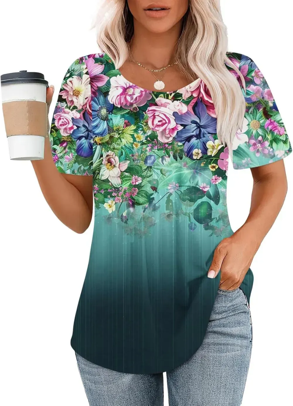 Womens Summer Pleated Front Shirts Tunics Casual Short Sleeved Loose Round Neck Boho Printed Tops Vacation Blouse