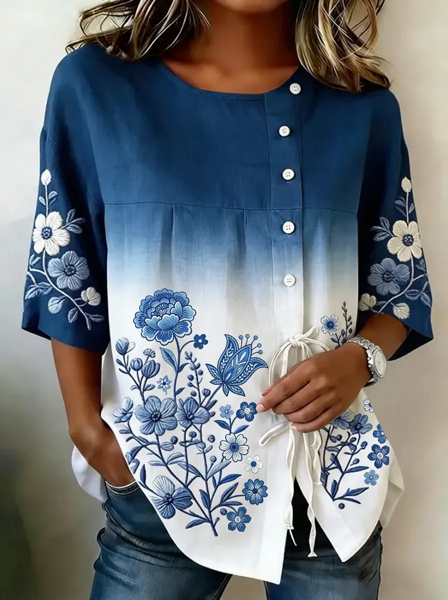 Women's Nashville Floral Ombre Embroidered Printed Top