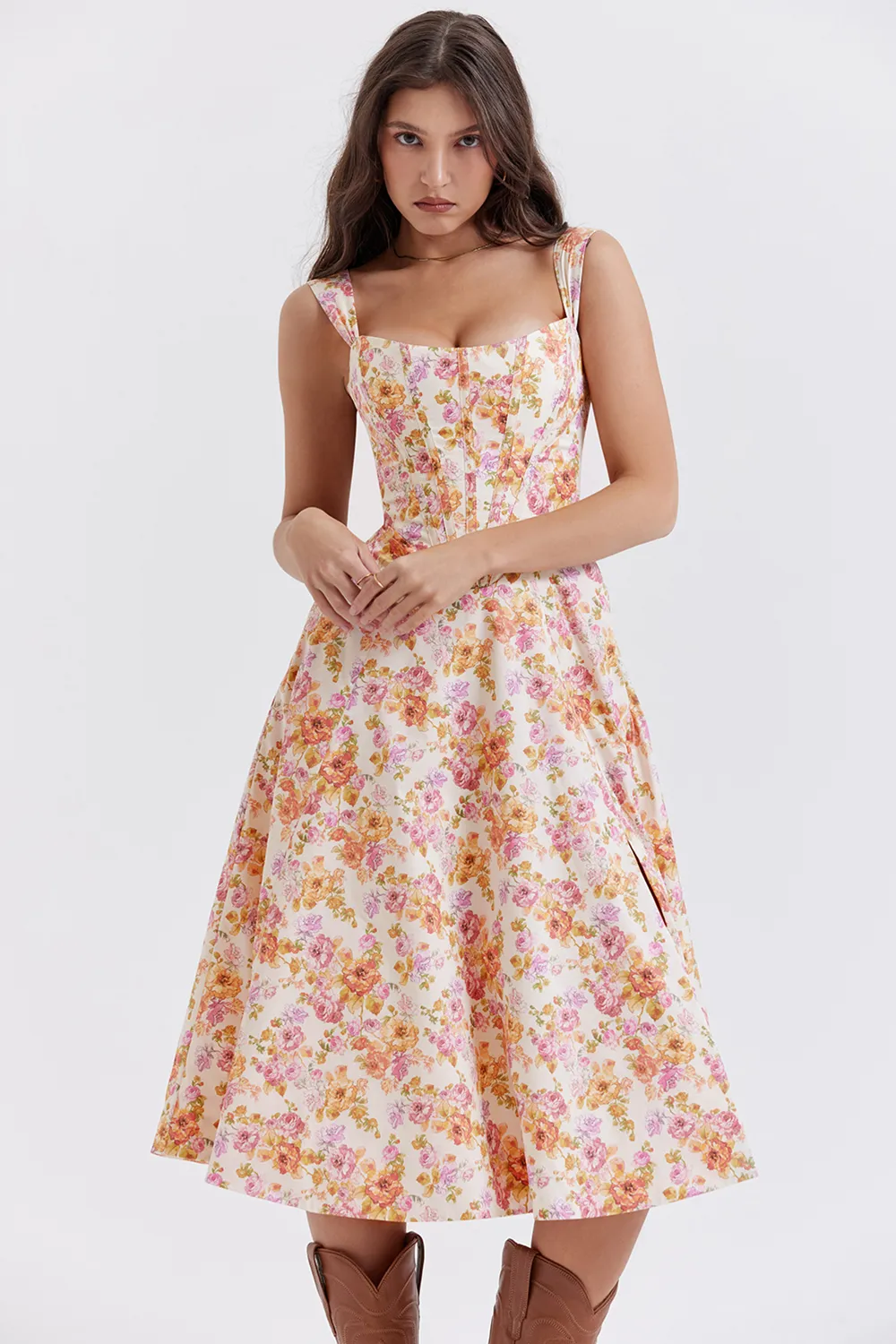 FLORAL LACE-UP CORSET A-LINE SUN DRESS