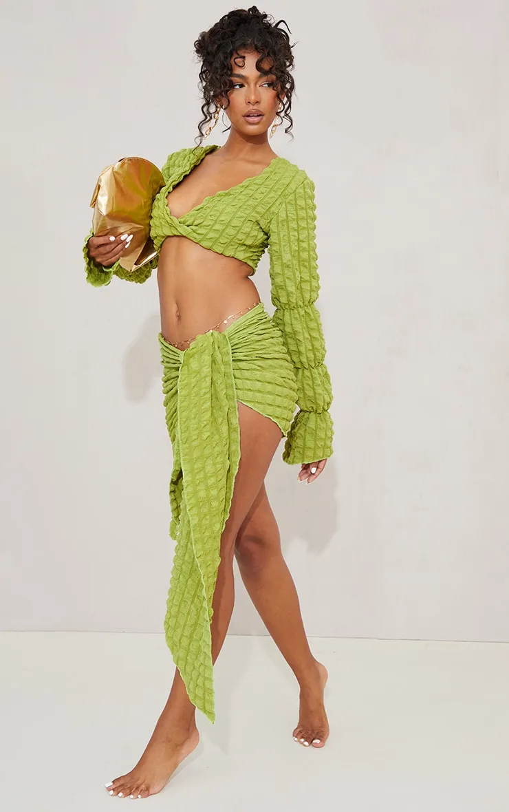 Olive Bubble Textured Tie Side Beach Sarong