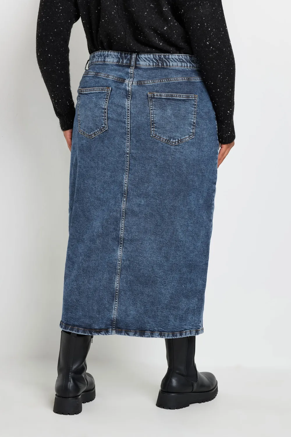 YOURS Curve Black Midi Stretch Denim Skirt