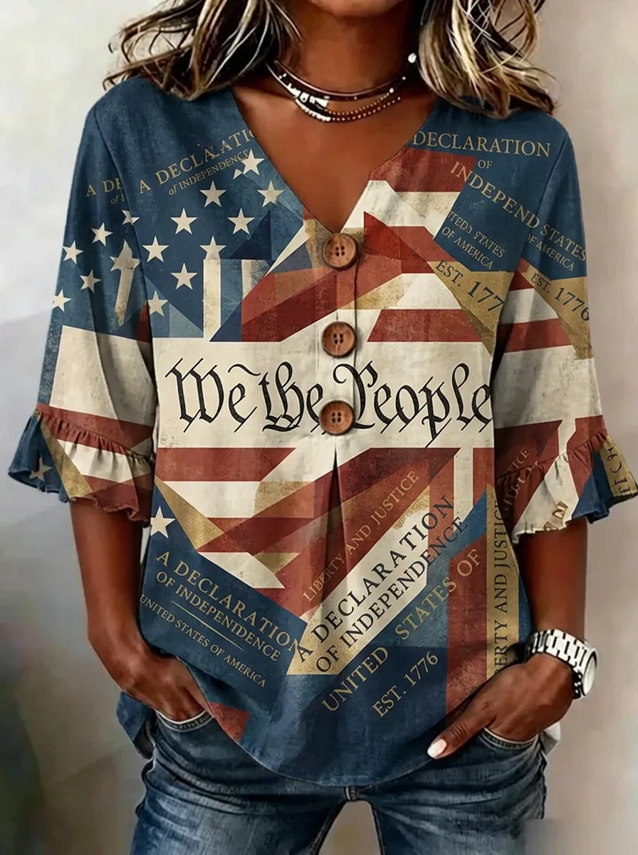 Women's USA Patriotic We The People Declaration Printed V-neck Top