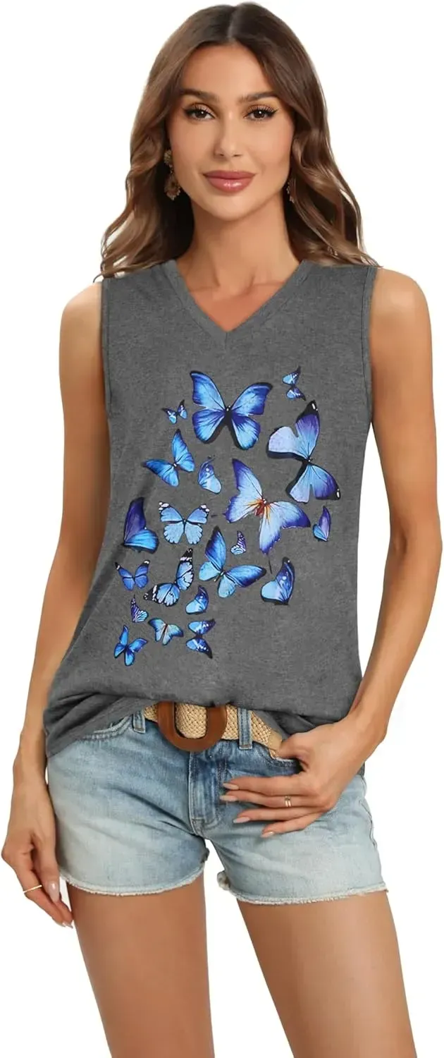 Summer Tops for Women Sleeveless V Neck Tshirt Loose Fit Casual Tank Tunic Blouse