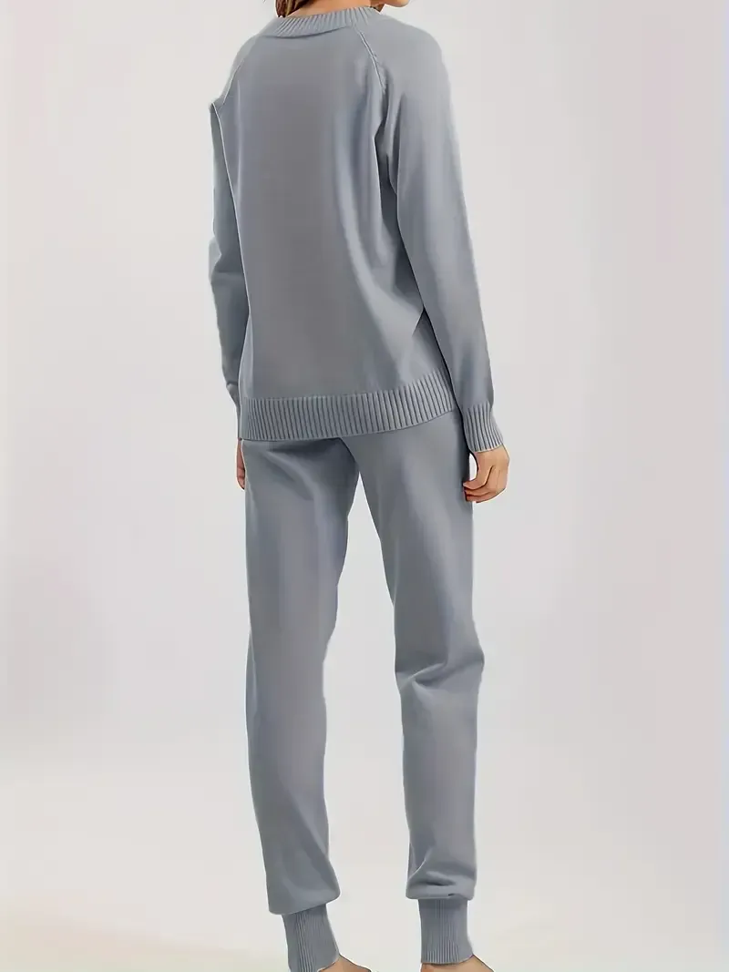 Women'S Knitwear Set, Casual V-Neck Long Sleeve Sweater and Solid Color Pants