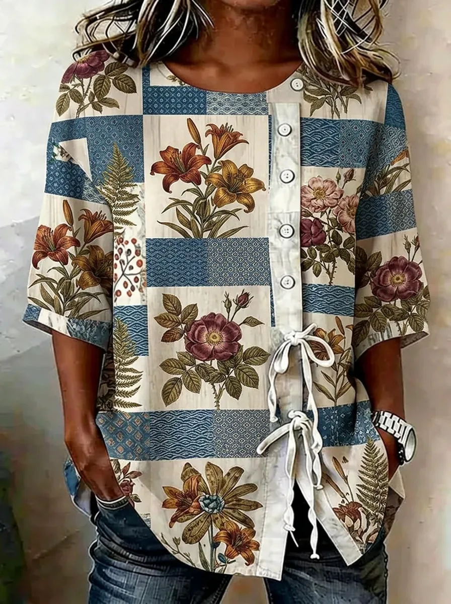 Women's Nashville Floral Patchwork Printed Button-Up Top
