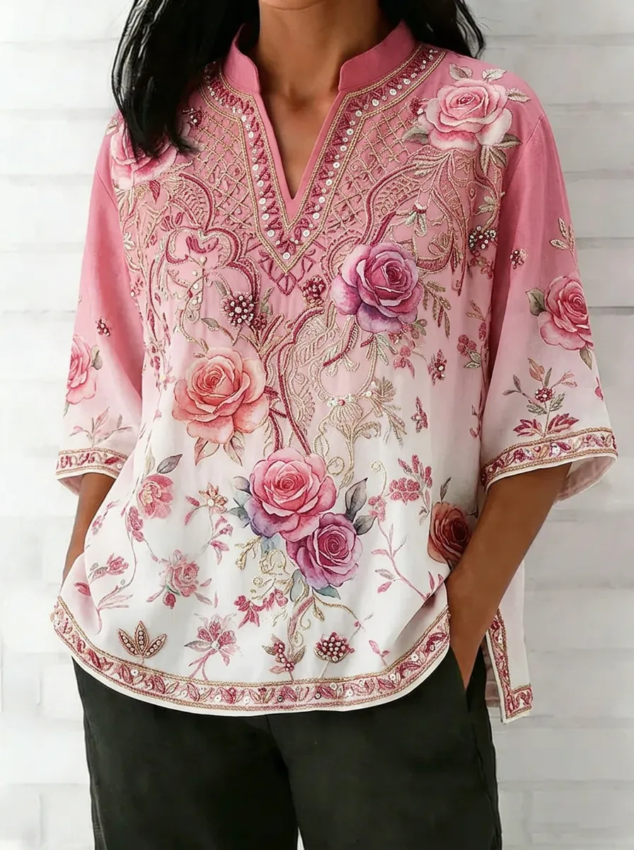 Women's Nashville Floral Rose Embroidered Printed Top