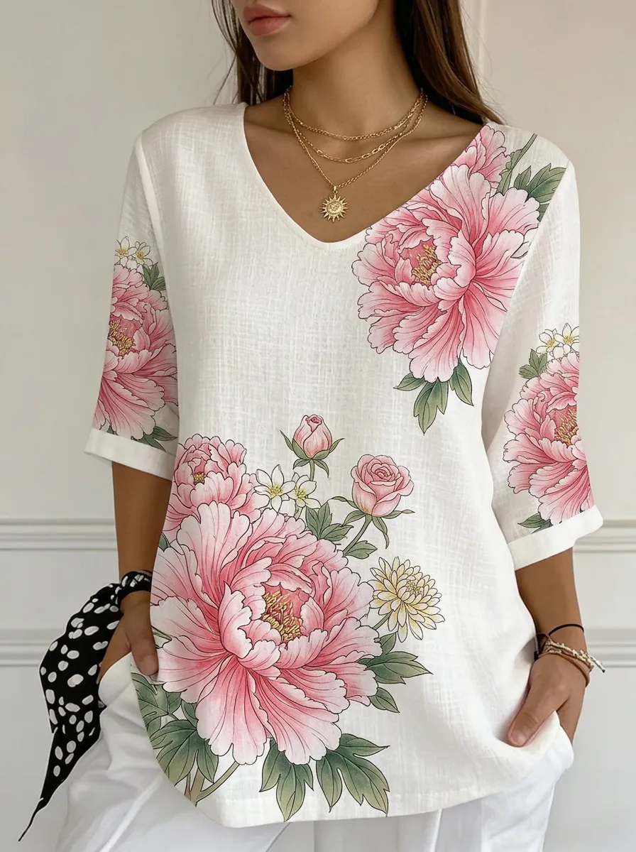 Women's Nashville Floral Peony Printed V-neck Top