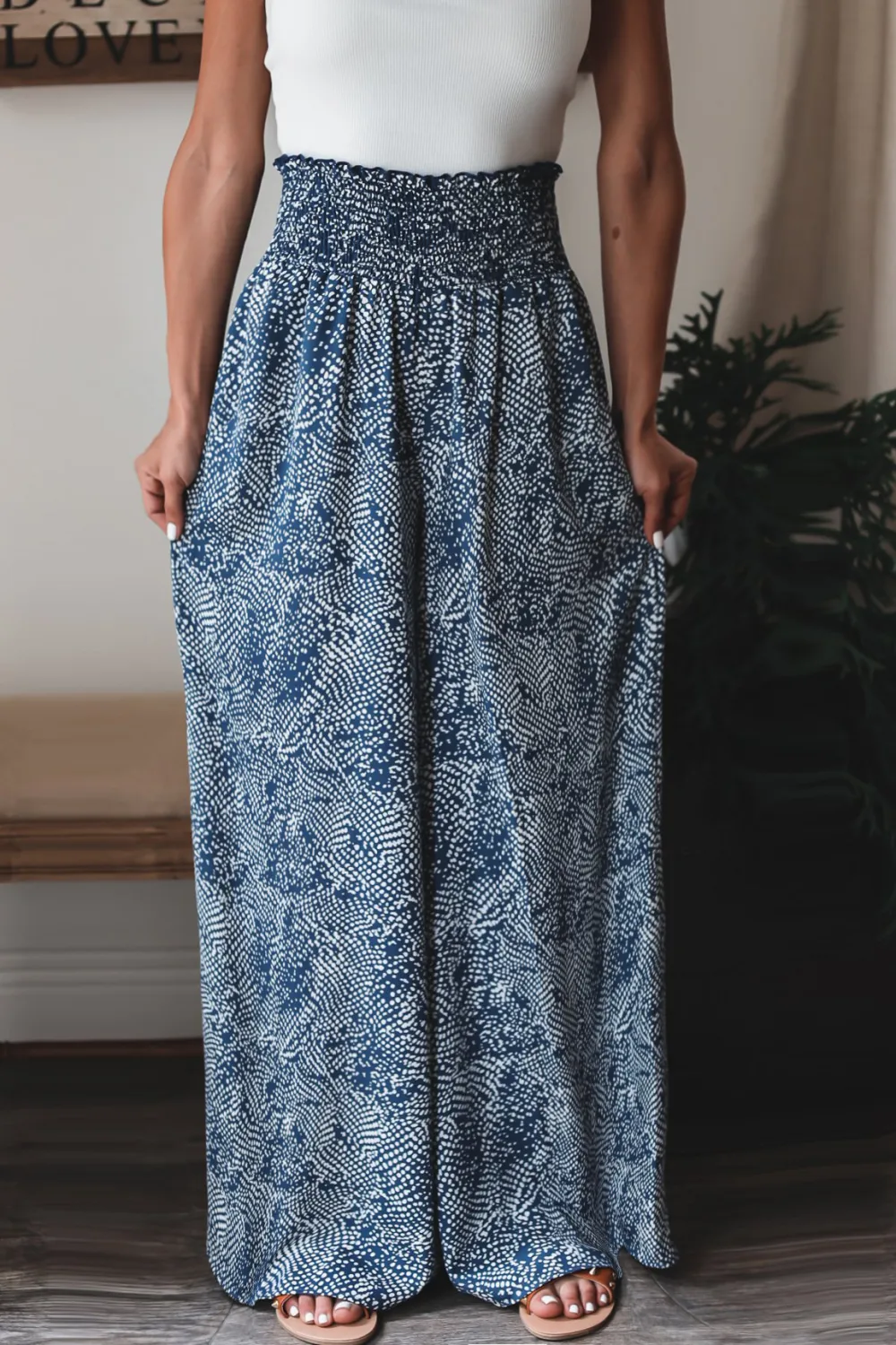Blue Floral Loose Drape Straight Leg Pants