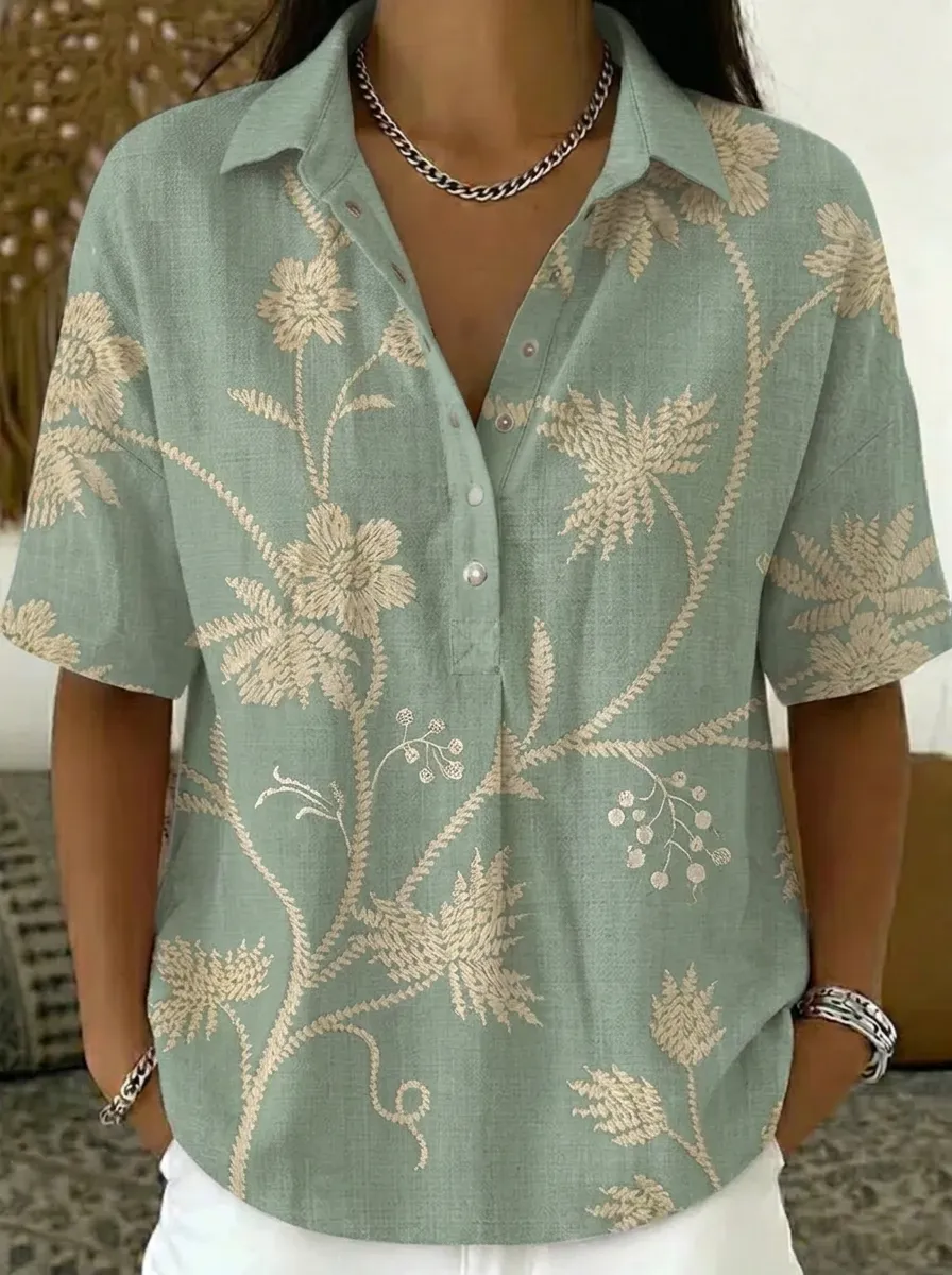Women's Nashville Floral Botanical Printed V-neck Shirt