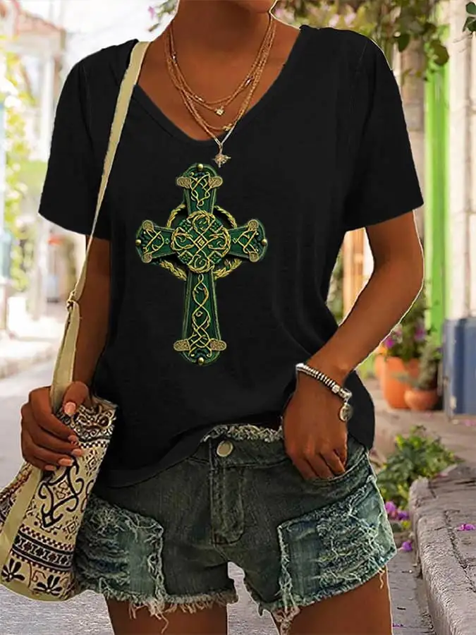 Women's St. Patrick's Day Shamrock Cross Art Print V-Neck T-Shirt