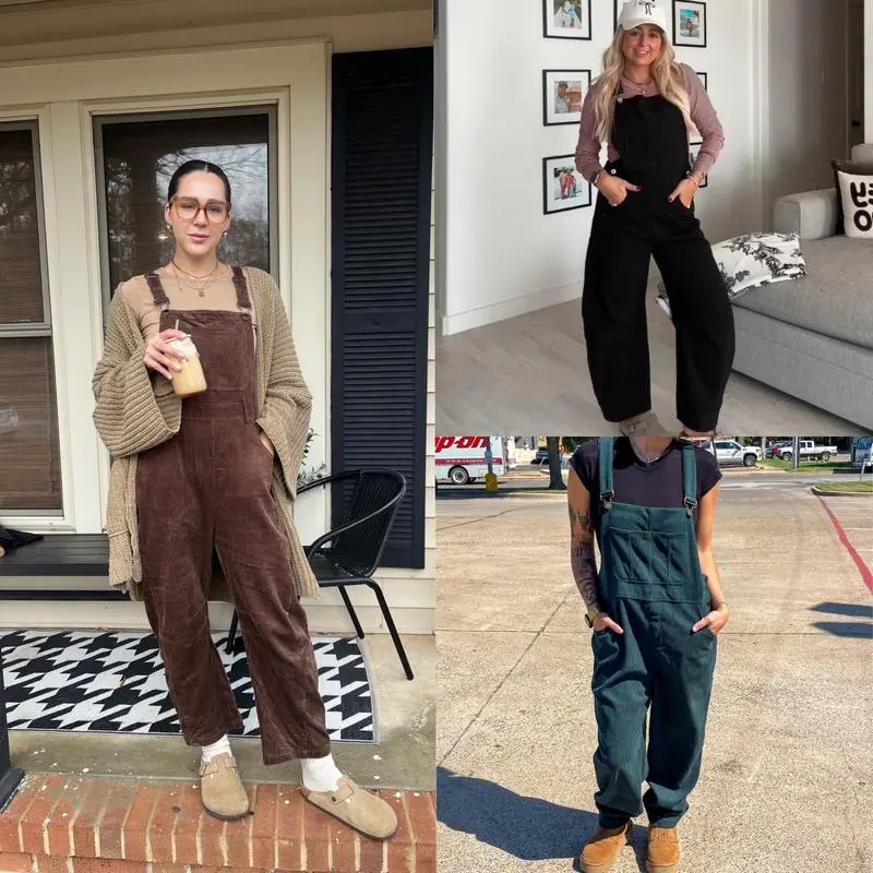 Women's Corduroy Overalls Barrel Wide Leg Bib Pants