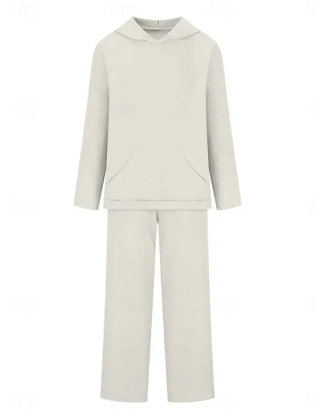 Women's Fashion Streetwear Daily Hoodie Sweatpants Long Sleeve Crew Neck Plain Drawstring Casual Daily Black White Blue Fall Regular Fit