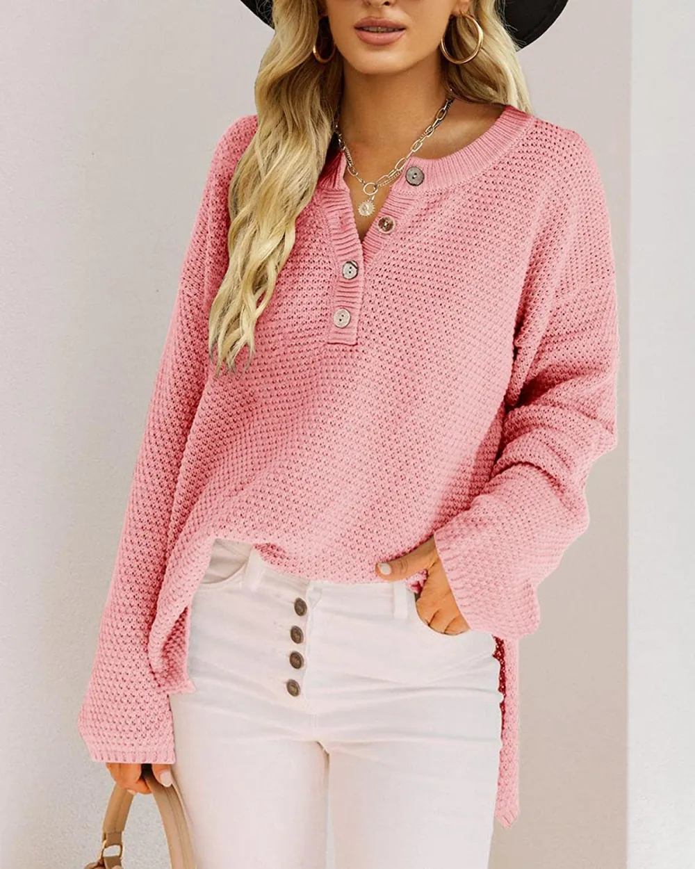 Women's Oversized Sweaters Batwing Long Sleeve Loose V Neck Button Henley Tops Pullover Knit Jumper