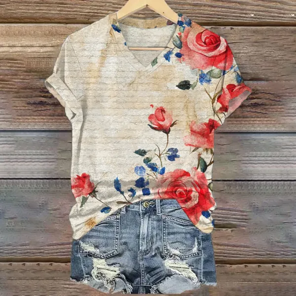 Declaration Of Independence & Watercolor Floral Vintage Print T-shirt