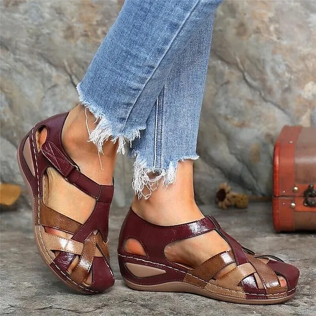 Women's Sandals Wedge Sandals Comfort Shoes Plus Size Outdoor Office Daily Summer Buckle Wedge Heel Round Toe Closed Toe Classic Casual Walking Shoes PU Leather Faux Leather Magic Tape Color Block