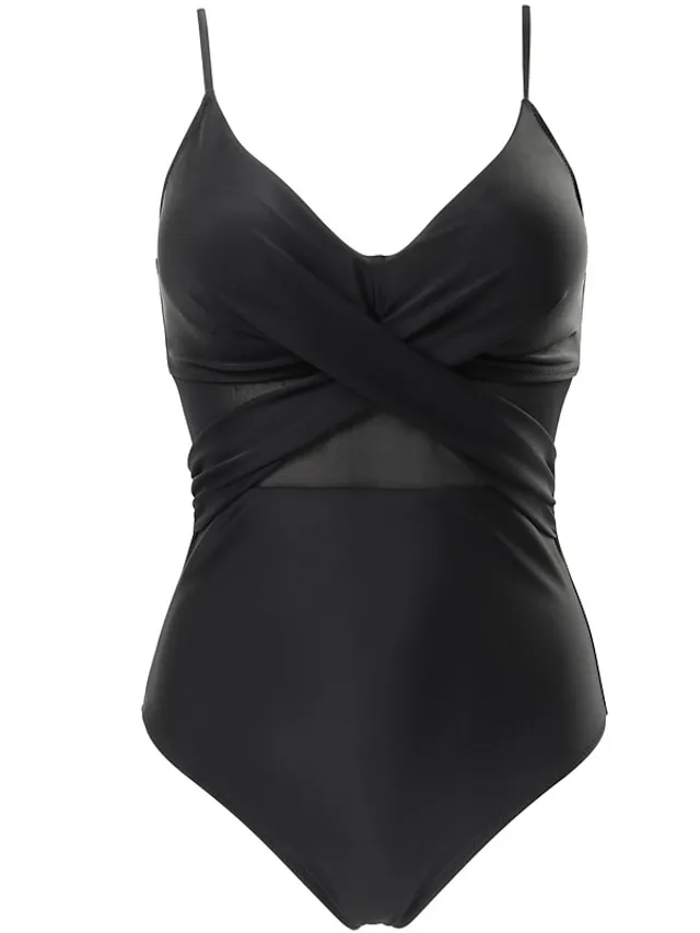 Women's Swimwear One Piece Normal Swimsuit Mesh Patchwork Plain Black Bodysuit Bathing Suits Sports Beach Wear Summer