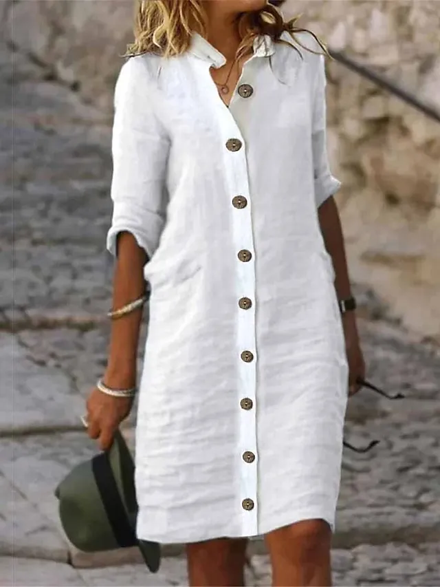 Women's Shirt Dress Casual Dress Cotton Linen Dress Midi Dress Cotton Blend Fashion Basic Outdoor Daily Shirt Collar Button Half Sleeve Summer Spring Fall 2023 Regular Fit Black White Green Plain S M