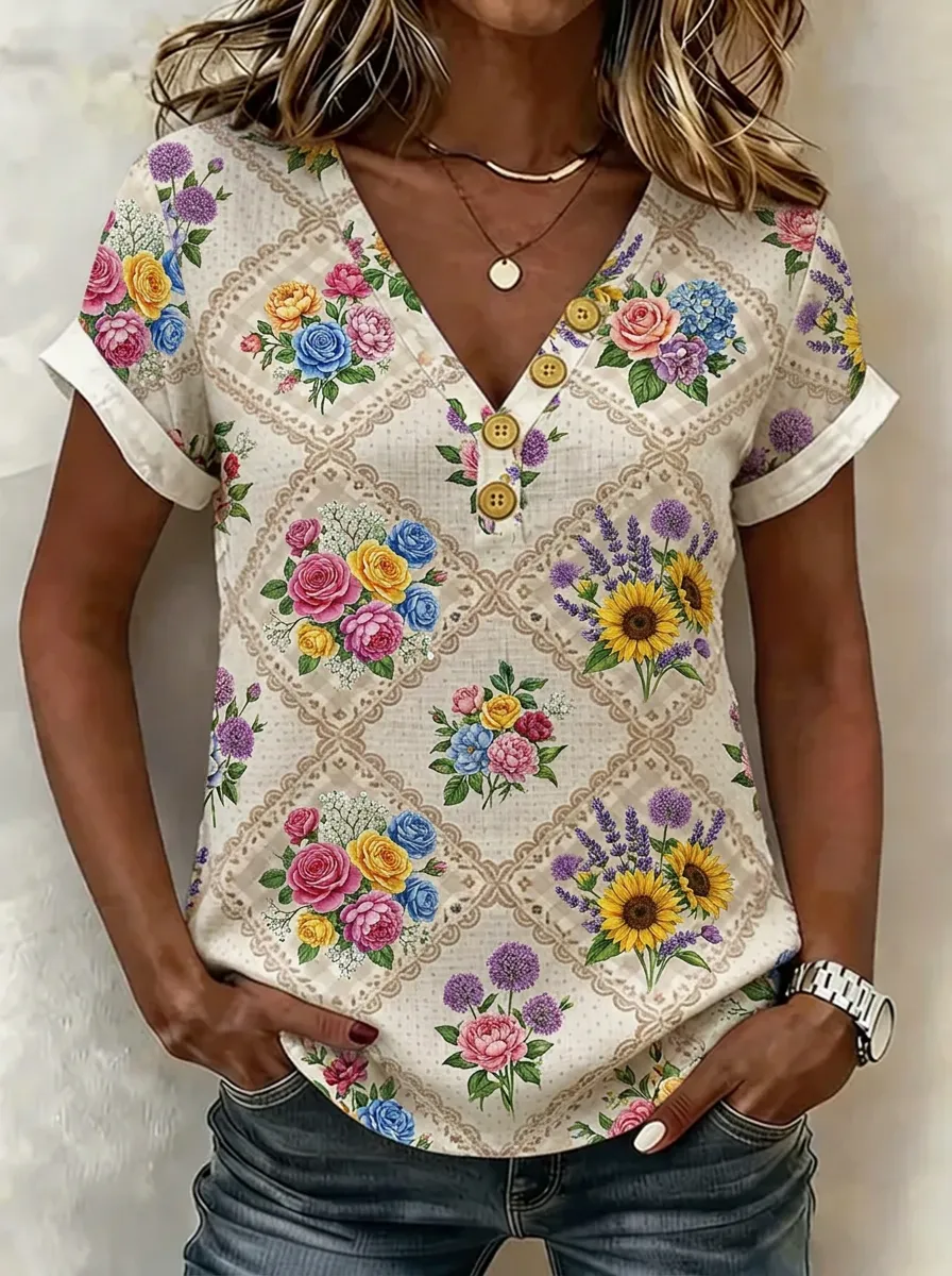 Women's Nashville Floral Sunflower Lattice Printed V-neck Top