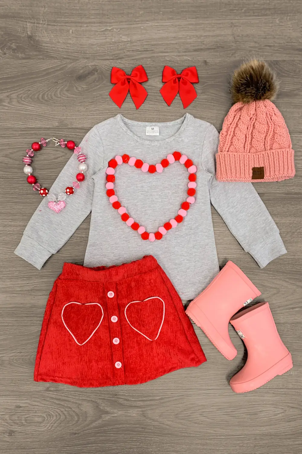 Pom Pom Heart Corduroy Skirt Set