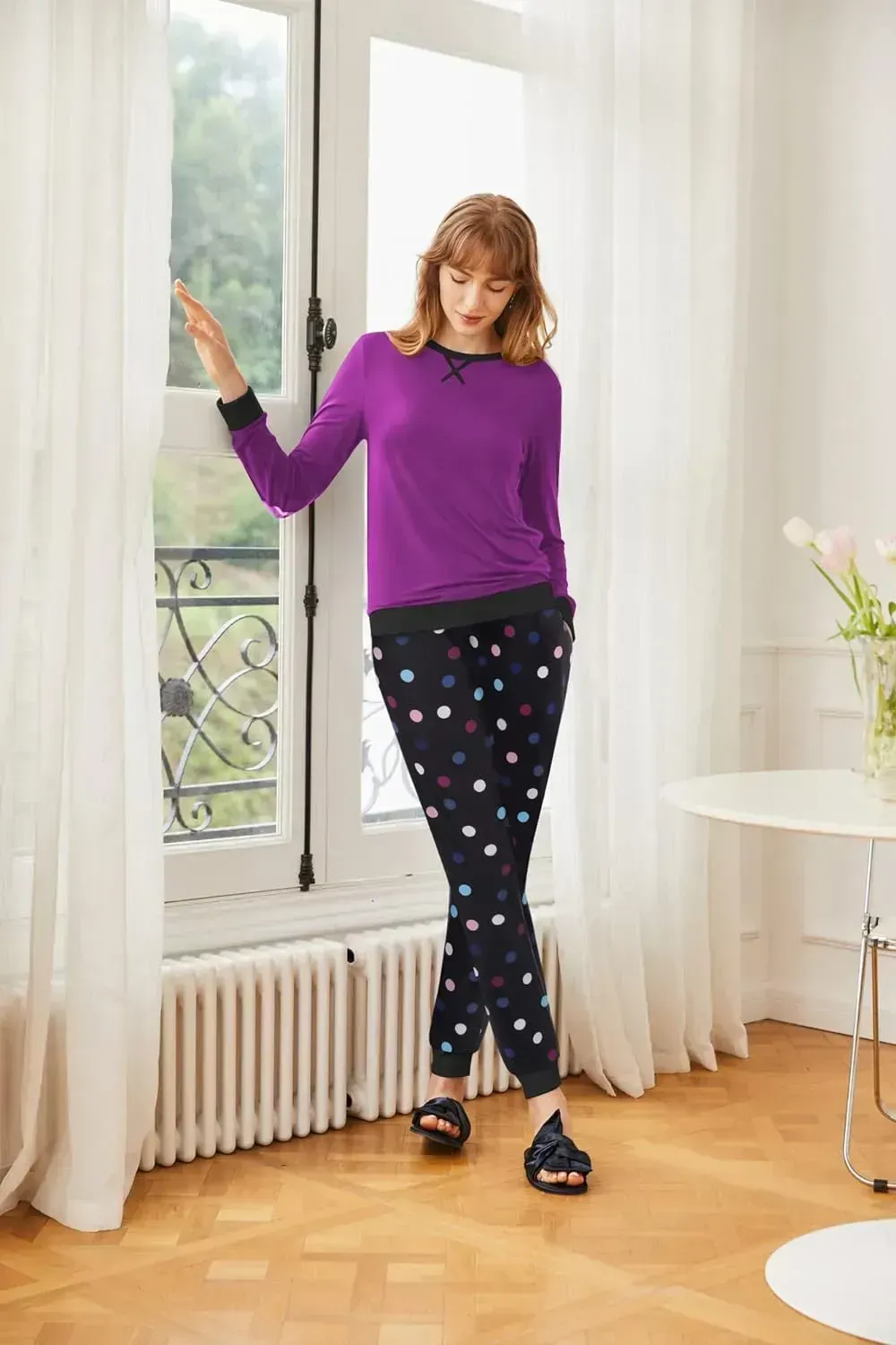 Women's Pajamas Sets Long Sleeve with Plaid Pants Soft Sleepwear O Neck 2 Piece Pjs Joggers Loung Set with Pockets