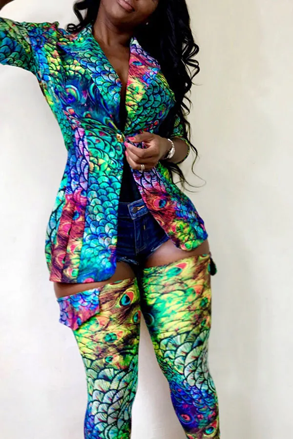 Camouflage Lapel Party Coat & Pantyhose Suit