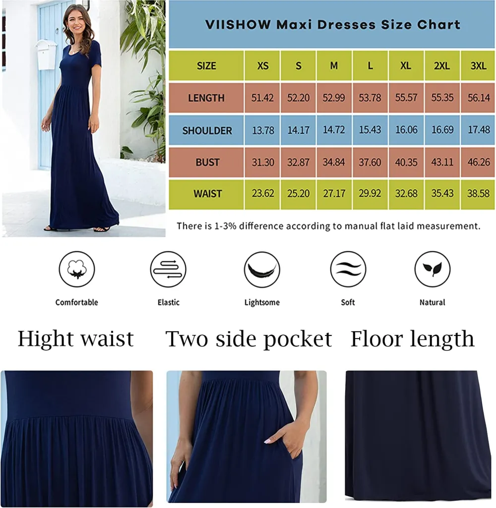 Women's Short Sleeve Loose Plain Maxi Dresses Casual Long Dresses with Pockets