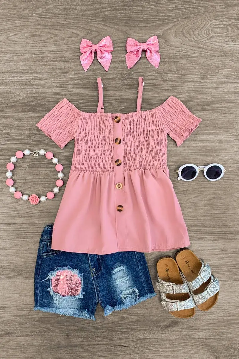 Pink Peplum Distressed Denim Short Set