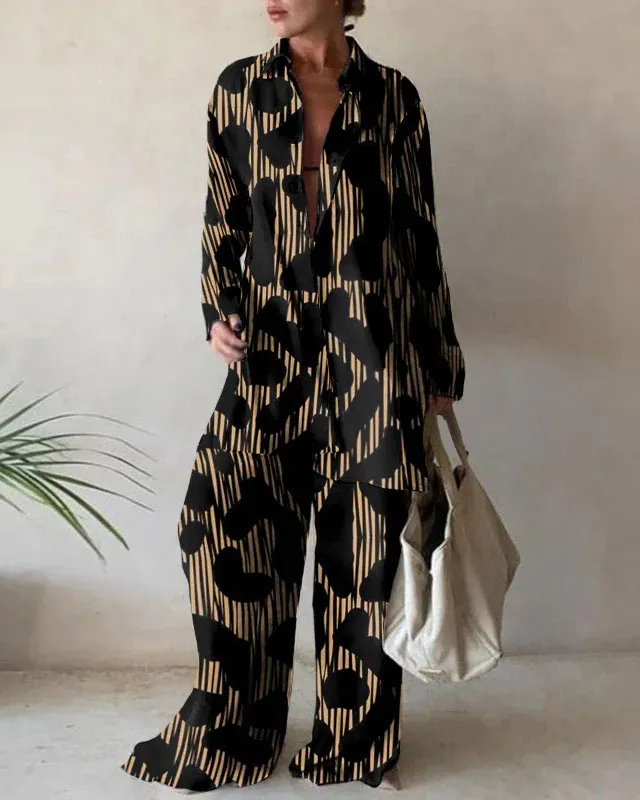Fashion Print Loose Long Sleeve Shirt + Straight Pants Two Piece Set