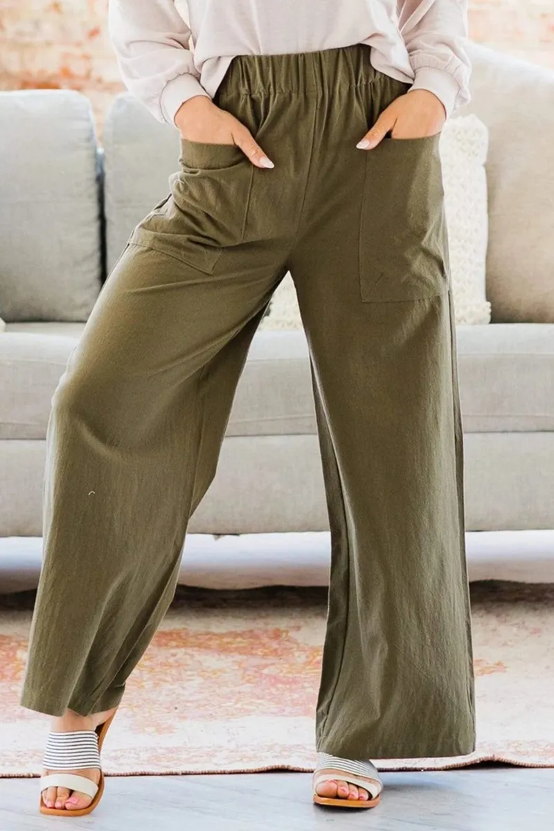 Patch Pocket Elastic Waist Wide Leg Pants
