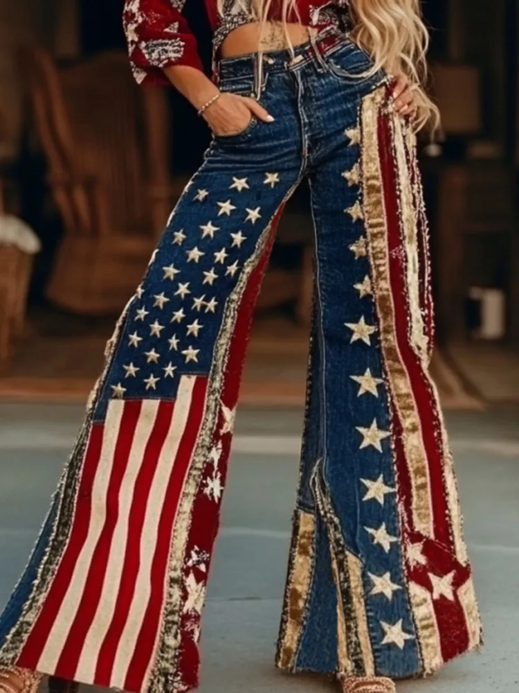 Vintage Independence Day Shining America Flag Patchwork Art Design Jeans