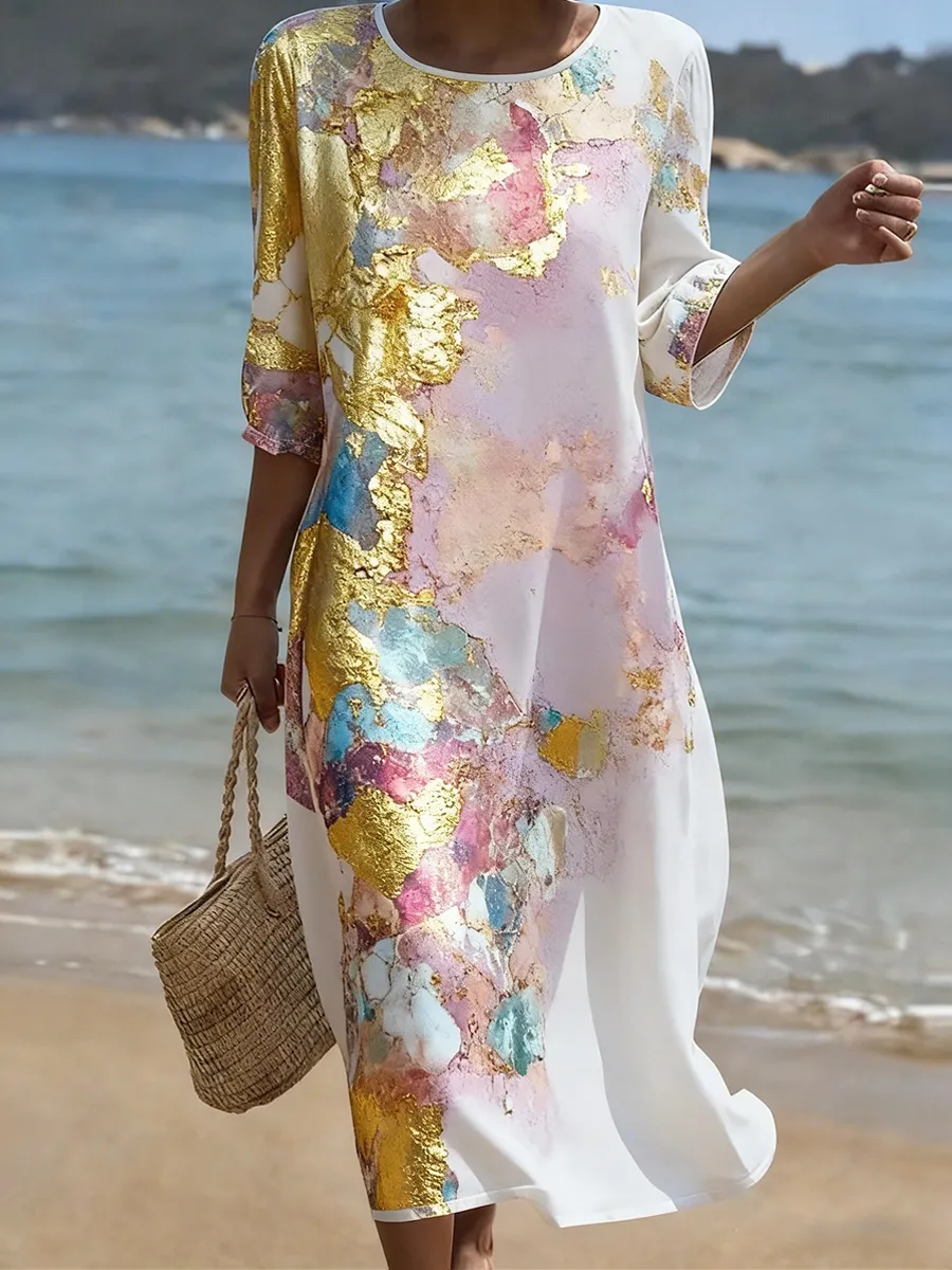 Women's Romantic Floral Art Printed Cotton And Linen Dress